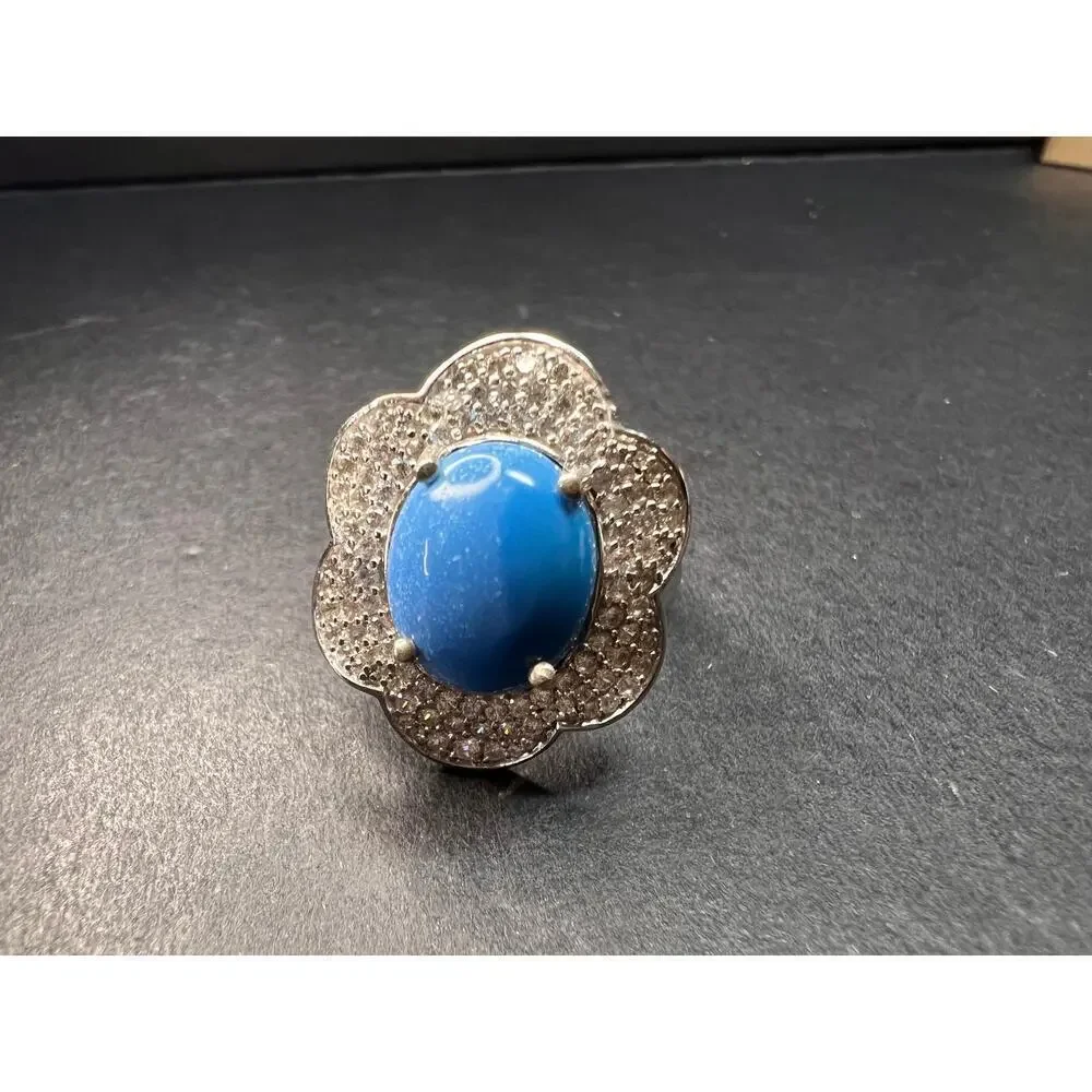 NEW Ceruleite and zircon blossom ring in rhodium over sterling silver size 8